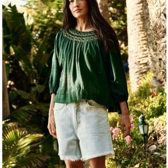 The Great NWT Sea Glass Top Palm Leaf Green Smocked Billowy Checked Cotton Top - Picture 3 of 16